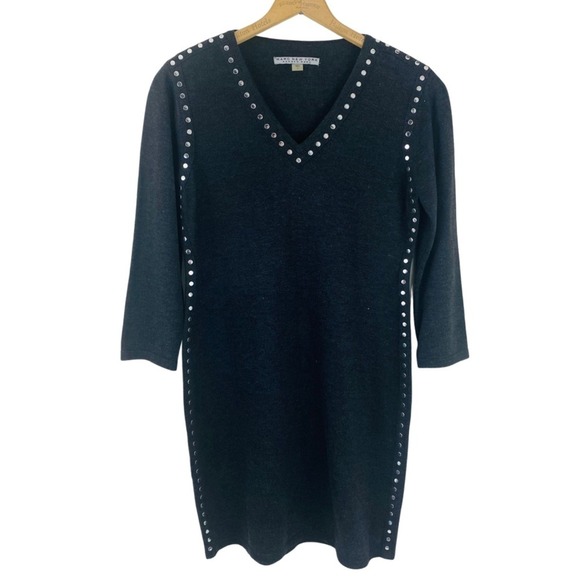 Marc New York Andrew Marc Sweaters - Marc New York Andrew Marc Gray Studded V-Neck Sweater Dress 3/4 Sleeve Womens L
